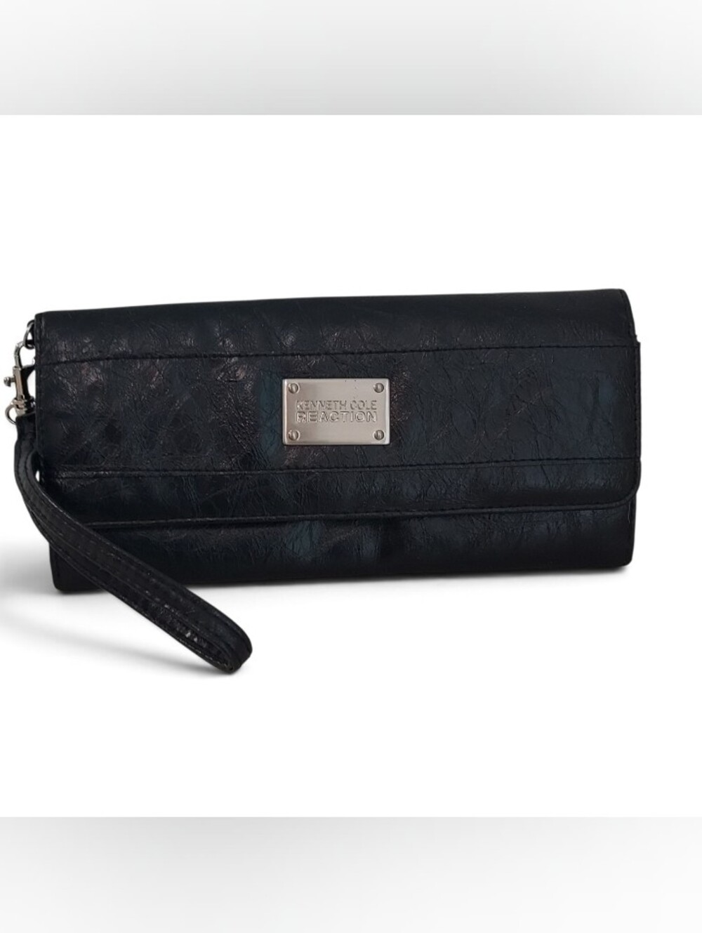 Kenneth Cole Reaction Black Leather Wristlet Clutch/Wallet with Logo Plate NWT